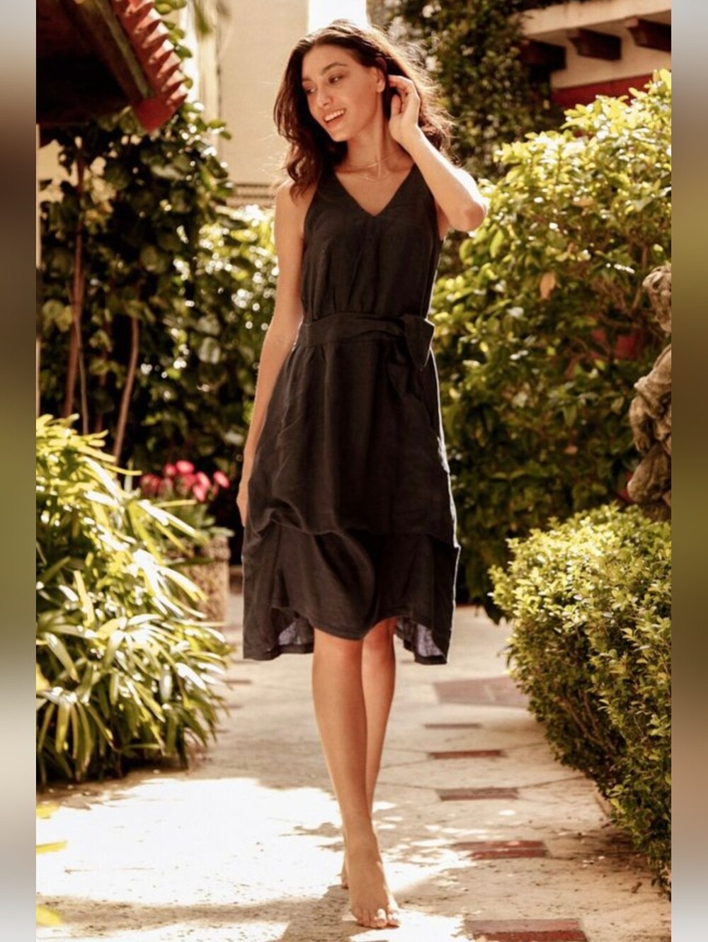 Italian Designer Black Sleeveless Dress with Waist Tie - Linen